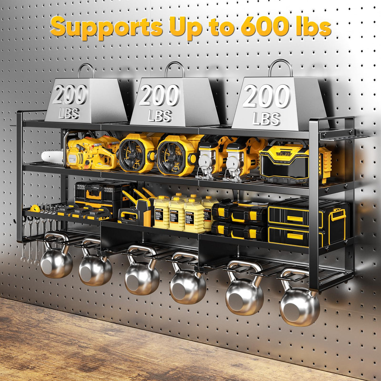 POKIPO 49.5" W Large Power Tool Organizer Wall Mount with Charging Station, 4-Tier Heavy Duty12 Cordless Drills Holder Load 600 lb, Tool Battery Storage Rack Built in 8 Outlet Power Strip for Garage POKIPO