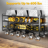 POKIPO 49.5" W Large Power Tool Organizer Wall Mount with Charging Station, 4-Tier Heavy Duty12 Cordless Drills Holder Load 600 lb, Tool Battery Storage Rack Built in 8 Outlet Power Strip for Garage POKIPO