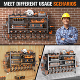 Heavy Duty Power Tool Organizer Wall Mount with Charging Station, Large Garage Organization with 10 cordless Drill Holder, 4 Layers Tool Organizers and Storage, Tool Rack with 6 Power Strip, Black Shomextol