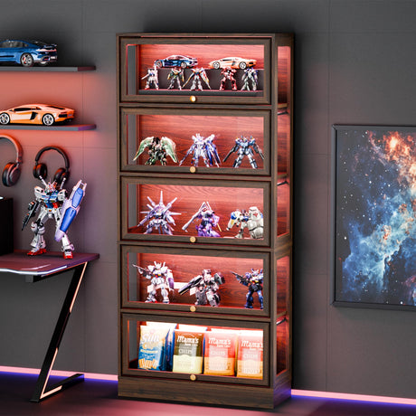 BONITURE Display Cabinet with Acrylic Glass Doors,5-Tiers Curio Cabinet with LED Lighting for Collectibles, Collectibles Toy Organizers Rack & Display Shelf Display Case Storage Cabinet, Walnut BONITURE