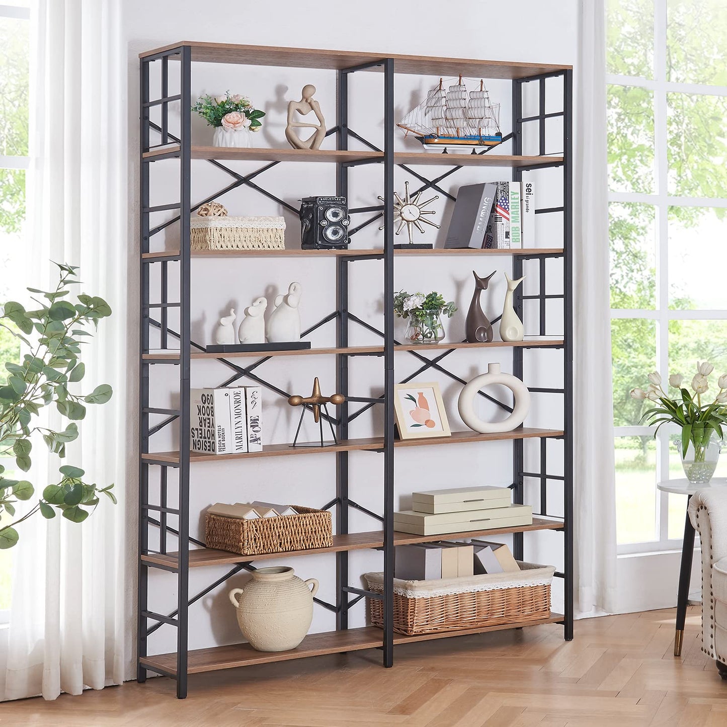 HOMISSUE 84" Industrial Double Wide 7-Tier Bookshelf in Rustic Brown - WoodArtSupply