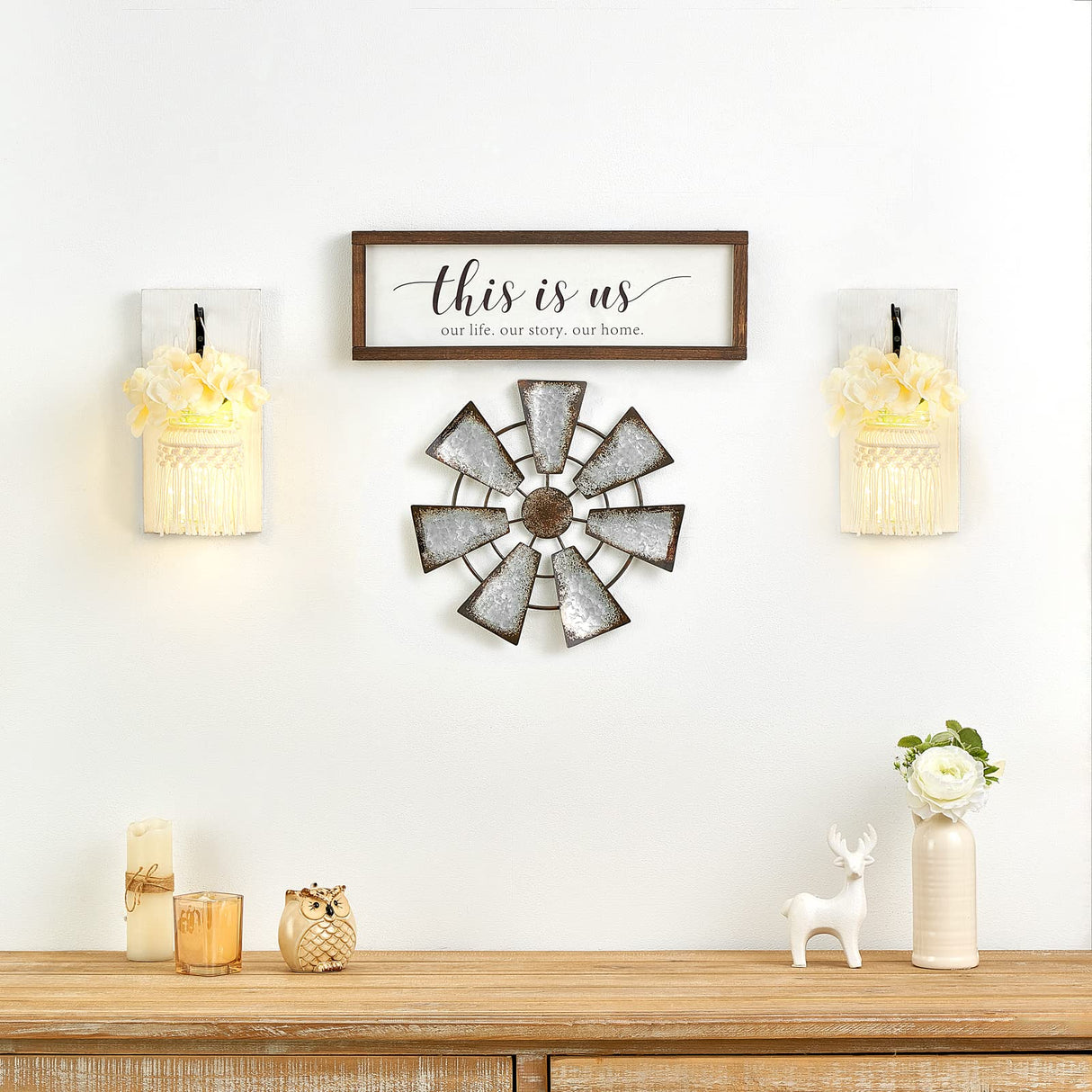 Mkono 11.5" Small Farmhouse Windmill Wall Decor Rustic Iron Wall Hanging Decoration Metal Wall Art Ornament for Bedroom Nursery Living Room Dorm Home Mkono