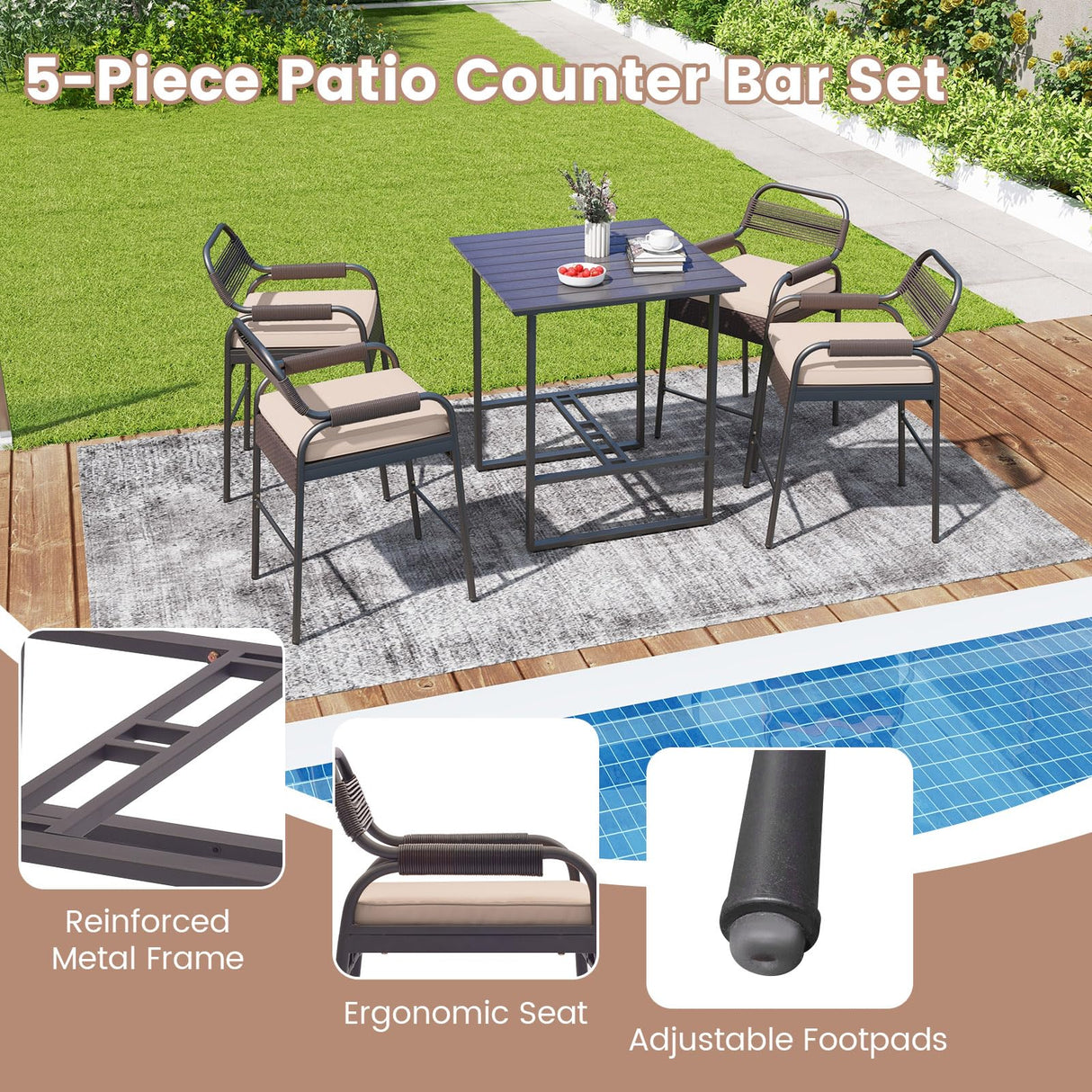 Tangkula 5-Piece Patio Rattan Bar Set, Counter Height Square Table with 4 Wicker Counter Stools, All-Weather Tabletop, Cushioned Outside Dining Set for Poolside, Backyard (Brown) Tangkula
