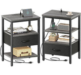 SUPERJARE Nightstand Set of 2, Bed Side Tables with Charging Station, Adjustable Fabric Drawer, Night Stand for Bedroom, 3-Tier Storage End Tables, for Living Room - Charcoal Gray SUPERJARE