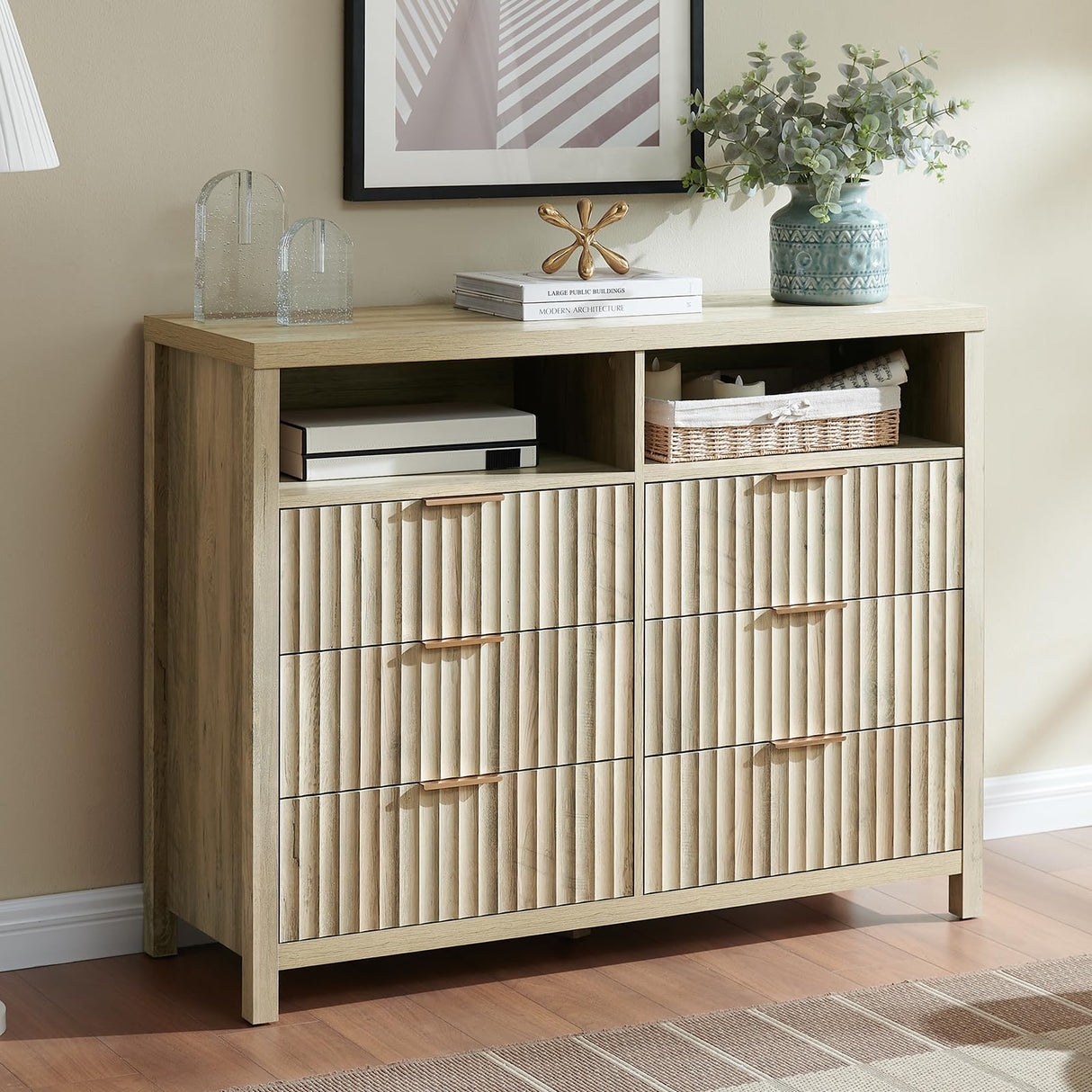 OAKHAM HOME 6 Drawer Dresser Fluted 6 Drawers Dresser Wood Modern Chest of Drawers with 2 Open Shelves, Wide Drawer Organizer Thickened Board Dresser TV Stand for Bedroom(Sunwashed Ash Oak) OAKHAM HOME