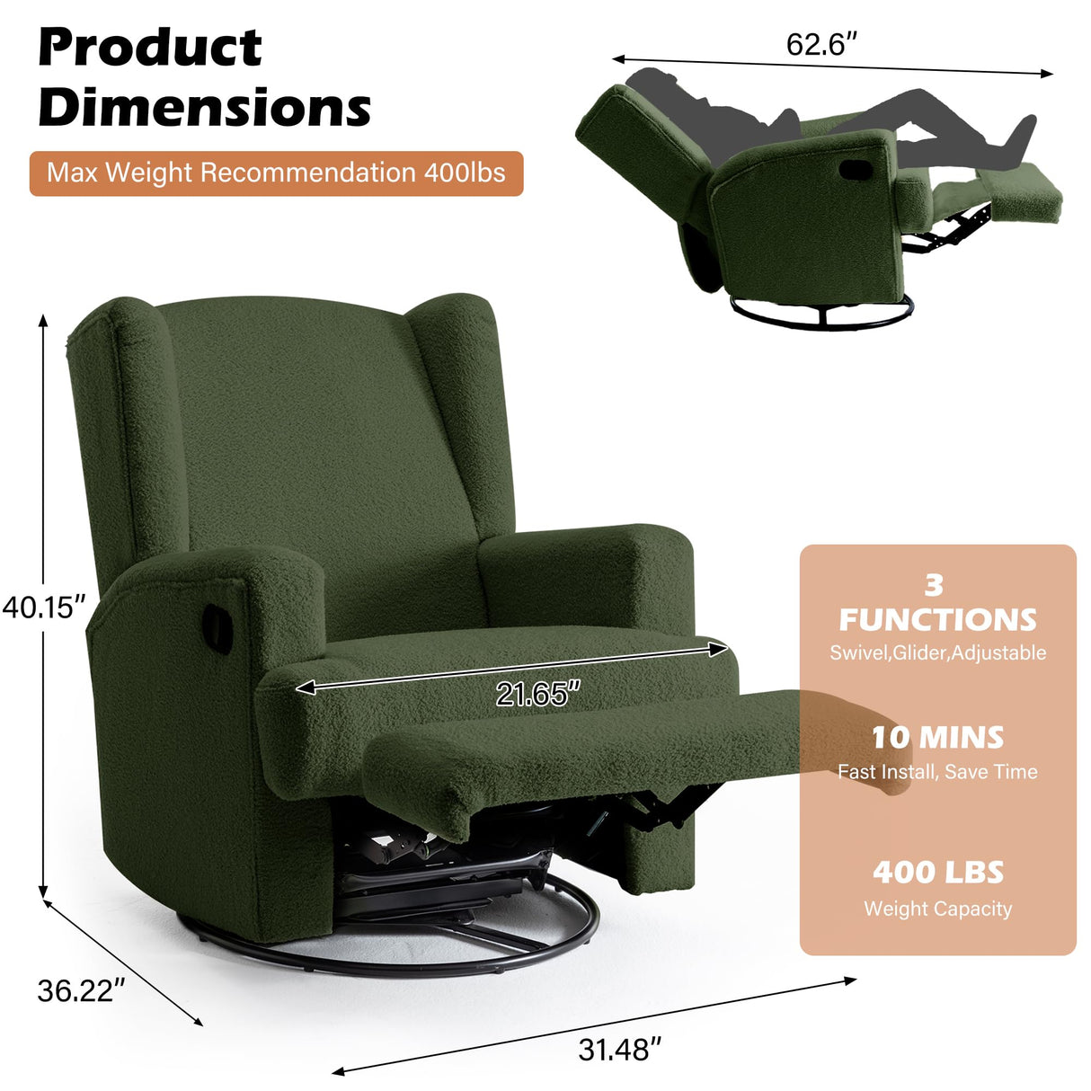 UIXE Swivel Glider Recliner Chair for Adults, Boucle High Back Accent Chair Nursery Rocker for Living Room, Upholstered Manual Reclining Sofa Seating with Deep Seat - Green UIXE
