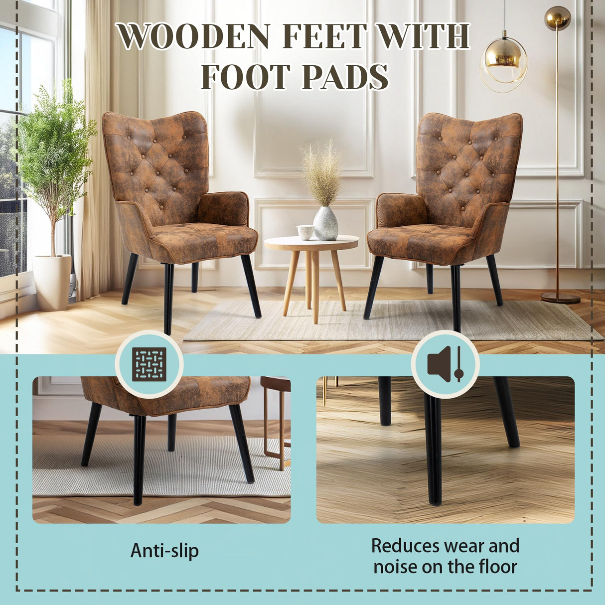 ECOTOUGE 2 Pieces WingBack Chair, Rustic Accent Chair with Arms Upholstered, Button Backrest for Living Room (Brown) ECOTOUGE