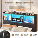 DICTAC Queen Floating Bed Frame with LED Lights and Headboard Storage, Visual Floating Bed with Charing Station, Queen Size Metal Platform Bed with Stable Structure, No Box Spring Need, Easy Assembly DICTAC