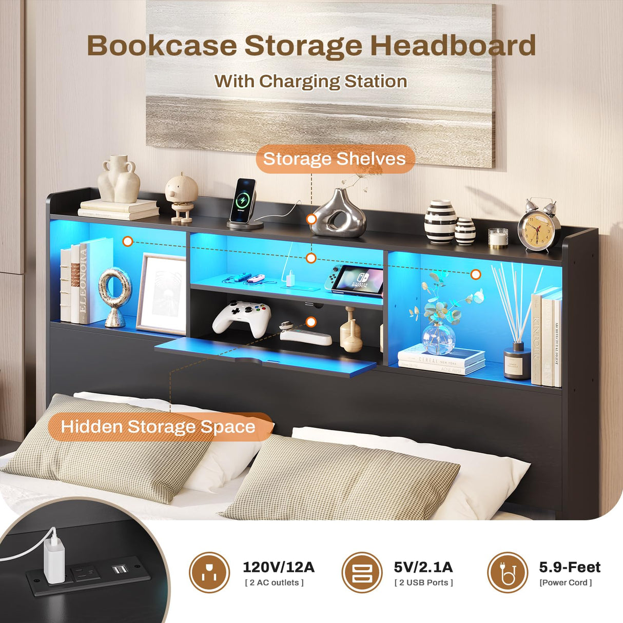 DICTAC Full Floating Bed Frame with LED Lights and Headboard Storage, Visual Floating Bed with Charing Station, Full Size Metal Platform Bed with Stable Structure, No Box Spring Need, Easy Assembly DICTAC