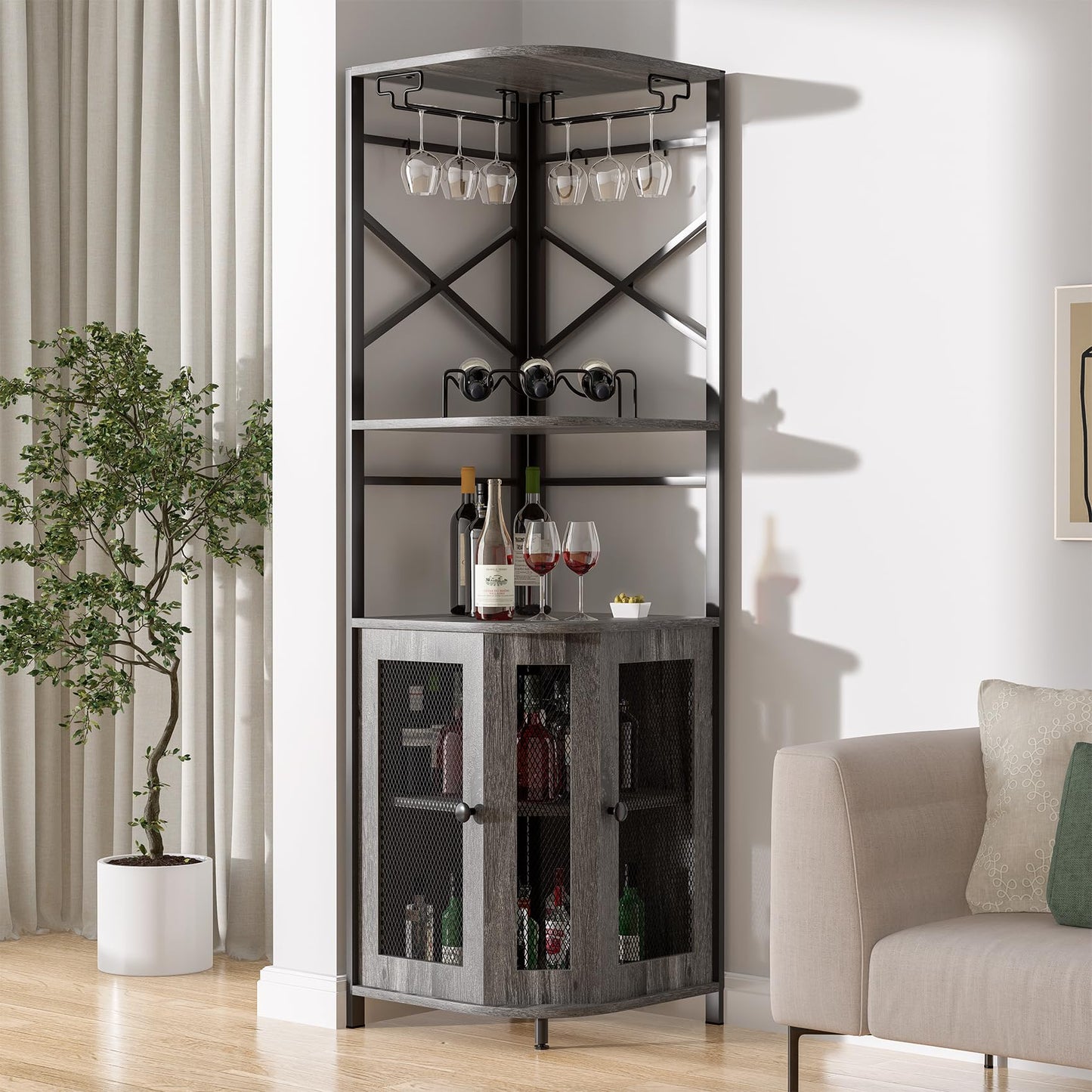 Aufvolr Bar Cabinet w/Wine Rack and Glass Holder, Corner Cabinet with Mesh Door, Corner Bar Cabinet with Adjustable Shelf, Liquor Cabinet Bar for Home (Grey