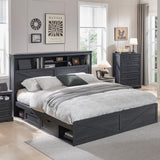 ACCOHOHO Queen Size Wood Bed Frame Farmhouse with 52" Tall Storage Bookcase Headboard, LED Light,Charging Station,4 Drawers and Solid Wood Slats Support,Noiseless,No Box Spring Needed - Black ACCOHOHO