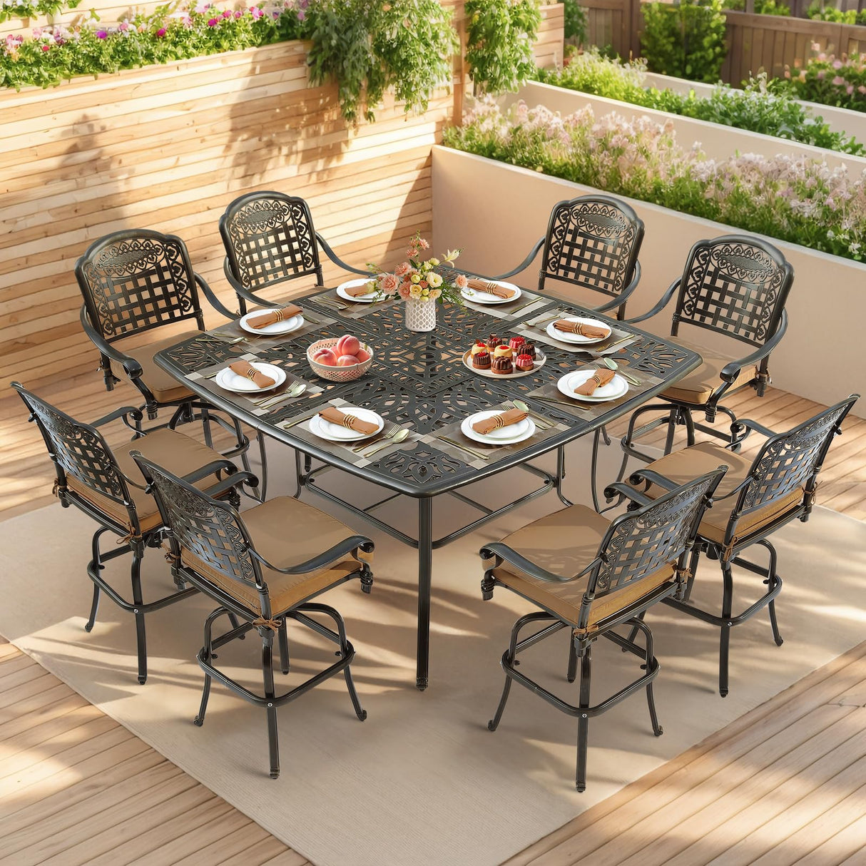 VIVIJASON 9-Piece High Patio Dining Set, Free-Rust Cast Aluminum Patio Bar Table and Chairs Set with 8 Swivel Bar Stools & 64" Bar Height Dining Table, Umbrella Hole for Backyard, Lawn, Garden VIVIJASON