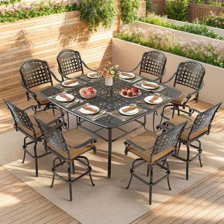 VIVIJASON 9-Piece High Patio Dining Set, Free-Rust Cast Aluminum Patio Bar Table and Chairs Set with 8 Swivel Bar Stools & 64" Bar Height Dining Table, Umbrella Hole for Backyard, Lawn, Garden VIVIJASON