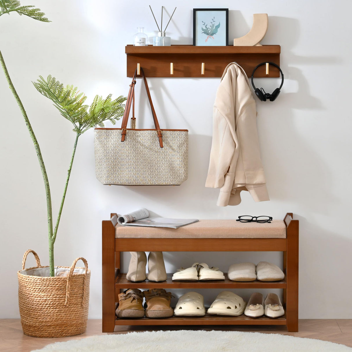 PETKABOO Shoe Rack for Front Door Entrance, 28” Entryway Bench with Coat Rack, Hall Tree Shoe Bench with Storage for Entry, Hallway, Bedroom, Living Room PETKABOO