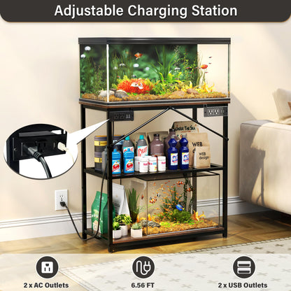 TC-HOMENY Fish Tank Stand 10-30 Gallon, Aquarium Stand with Charging Station,1000LB Capacity ,31" L x 16" W Metal Reptile Tank Stand, Double Storage Design Adjustable Boards, Brown(Tank not I - WoodArtSupply