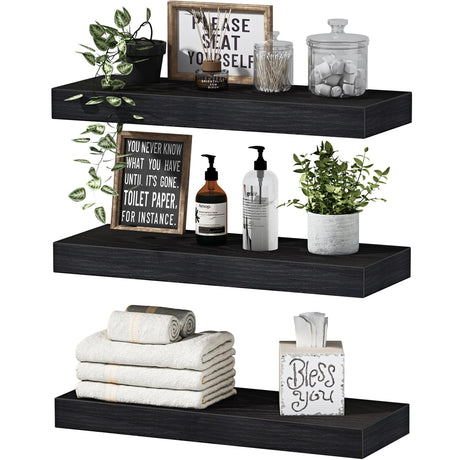 QEEIG Floating Shelves for Wall Bathroom Shelf Bedroom Kitchen Living Room Hanging Book Shelves Small Farmhouse Decor 16 inch Set of 3, Black (015-B3) QEEIG