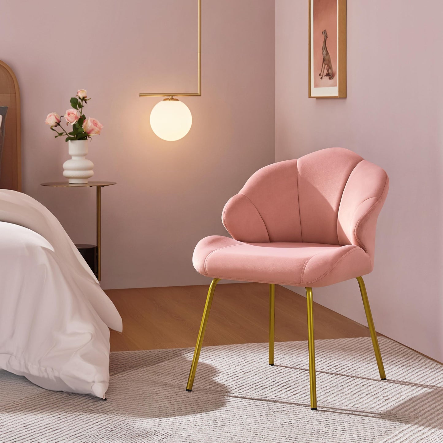 Yaheetech Velvet Accent Chair, Cute Vanity Chair with Shell-Shaped Backrest, Modern Armchair Side Chair with Golden Legs for Living Room/Bedroom/Home Office/Makeup, Pink