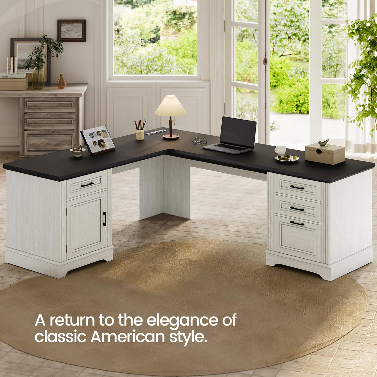 Itaar Farmhouse Executive L Shaped Desk, Home Office Desk with File Drawer and Power Outlet, Computer Corner Desk with Drawers and Storage Cabinet, Workstation for Office Home, White Itaar