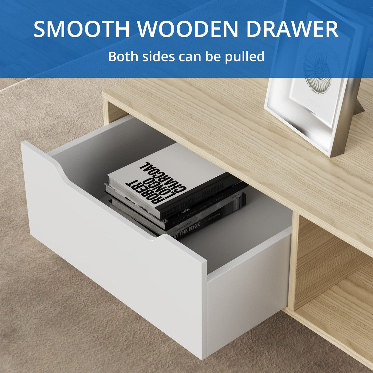 Cozy Castle Modern Wooden Coffee Table with Storage, Minimalist Hallway Mid Century Cocktail Table for Living Room Apartment Reception, Oak Cozy Castle