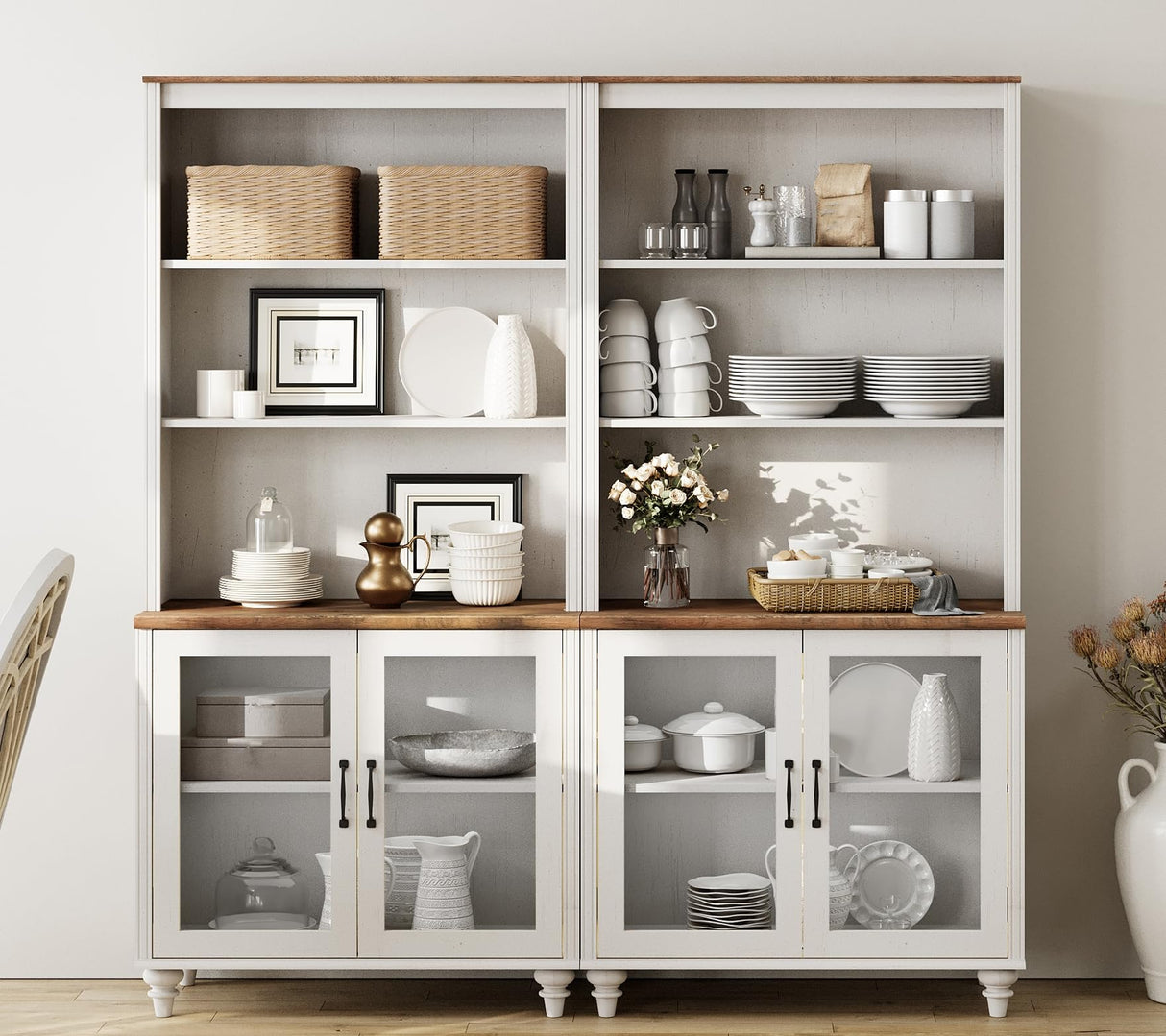 WAMPAT 72'' Tall Kitchen Pantry Cabinet with Storage, Farmhouse Glass Doors Pantry Storage with Bar Hutch and 5 Tier Shelve for Kitchen & Living Room & Bedroom, White WAMPAT