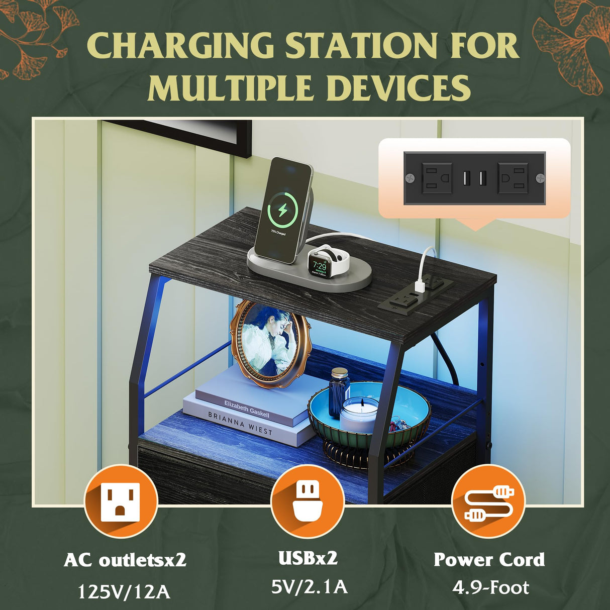 WLIVE Night Stand with Charger Station, Tall 4 Drawer Dresser for Bedroom, Black Nightstand with LED Light, Bed Side Table for Living Room with Shelf, Fabric Storage Bins, Metal Frame, Wood Furniture WLIVE