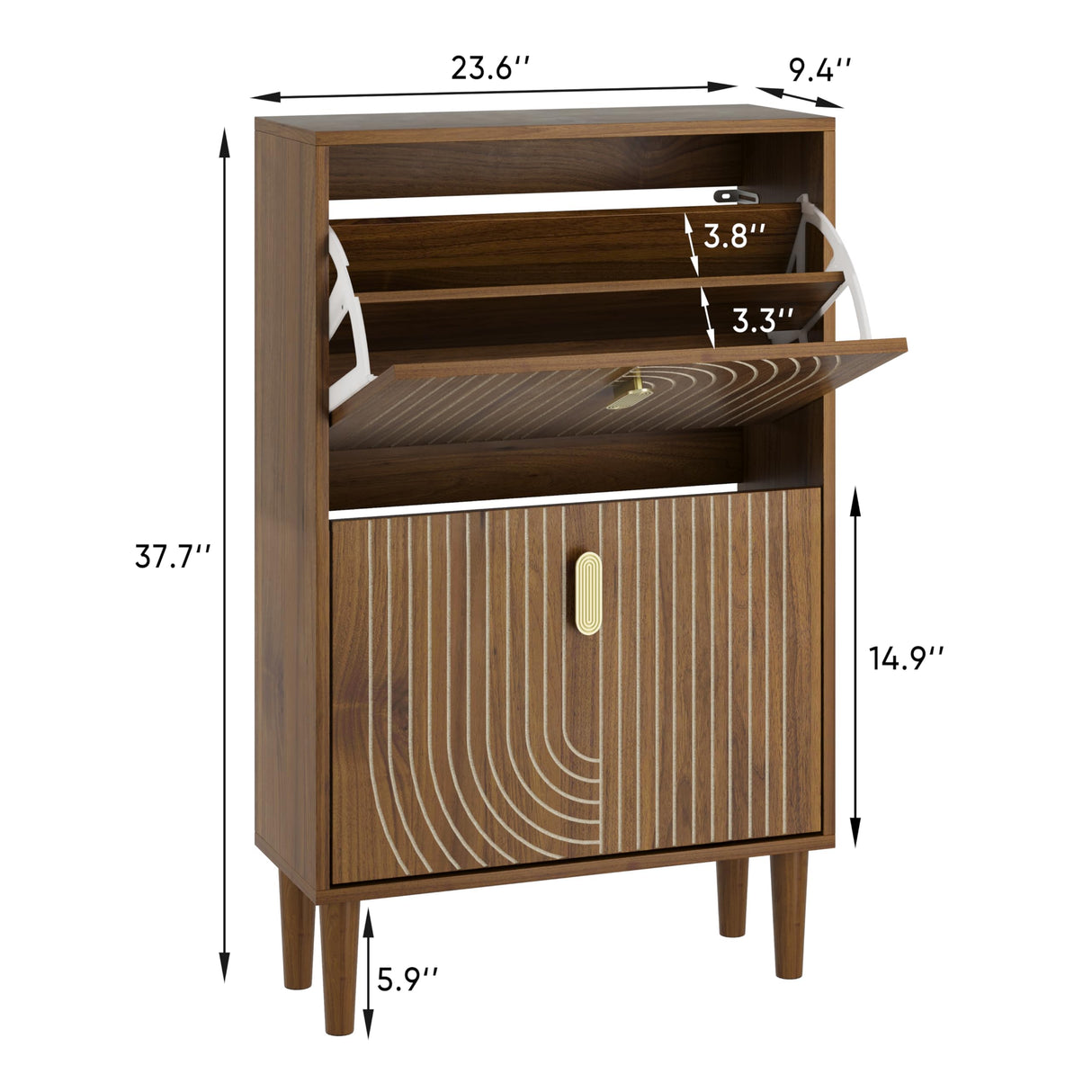 Smuxee Shoe Cabinet with 2 Flip Drawers, 23.6" Walnut Hidden Shoe Storage Cabinet with Line Groove Design, Freestanding Shoe Organizer Cabinet for Entryway, Hallway, Living Room Smuxee