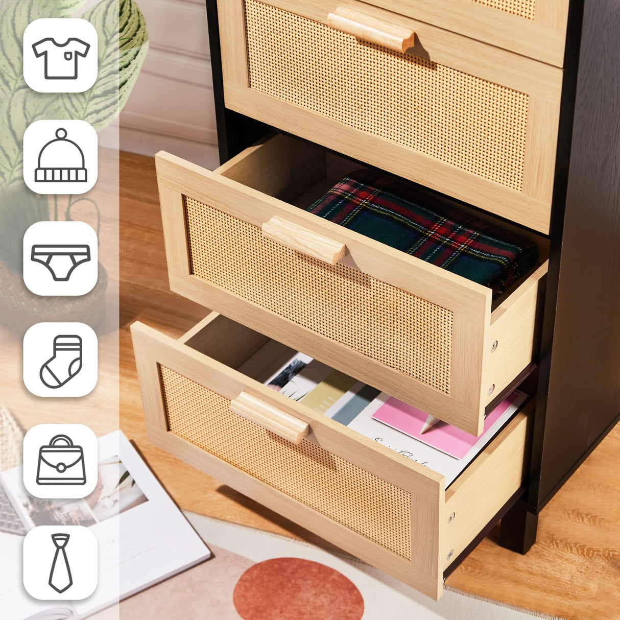 Graficial 4 Drawer Dresser, Dresser for Bedroom, Rattan Chest of Drawers, Tall Bedside Storage Dresser for Bedroom,Living Room, Black/Oak Graficial