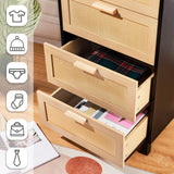 Graficial 4 Drawer Dresser, Dresser for Bedroom, Rattan Chest of Drawers, Tall Bedside Storage Dresser for Bedroom,Living Room, Black/Oak Graficial