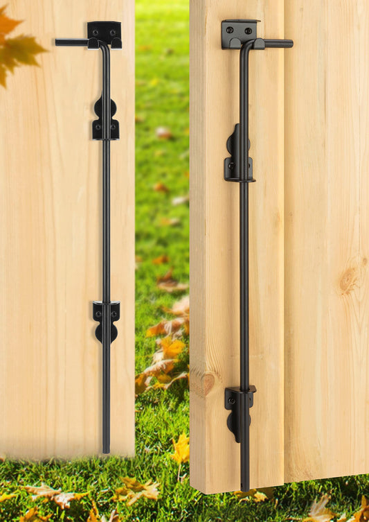 12" Heavy Duty Cane Bolt Gate Drop Rod Hardware Ground Latch for Wood PVC Vinyl Metal Fences Gates, Double Doors, Black Solid Steel -2 Pack - WoodArtSupply