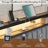 LUXOAK Full Bed Frame with LED Light and Charging Station, Velvet Upholstered Headboard with Storage Shelf, Heavy Duty Metal Slats/No Box Spring Needed/Easy Assembly, Grey LUXOAK