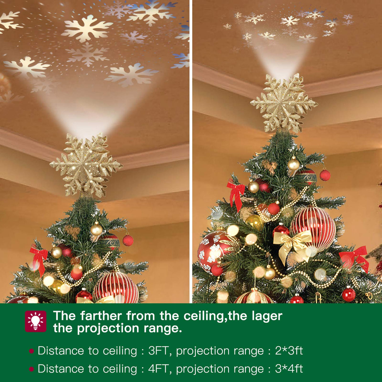 DG-Direct Christmas Tree Topper Lighted with Golden Snowflake Projector, Led Rotating Magic Snowflake, 3D Hollow Glitter Lighted Gold Snow Tree Topper for Christmas Tree Decorations DG-Direct