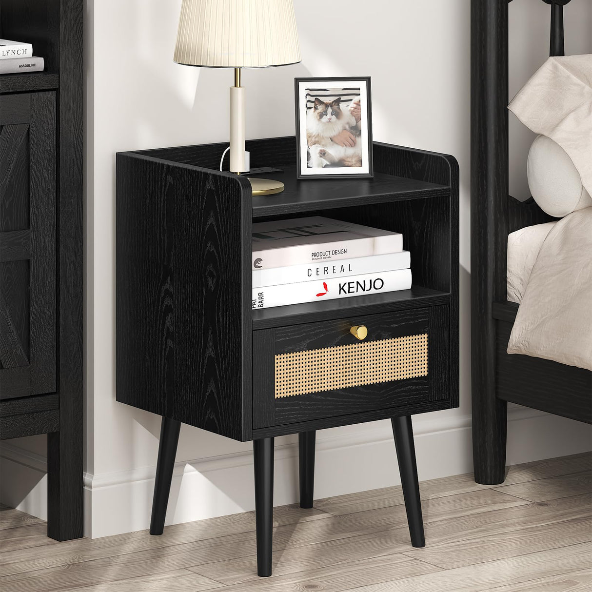 Night stand Set of 2, Bedside Tables with Charging Station, Rattan End Tables, Boho Bed Side Tables, Wood Nightstands set of 2 for Farmhouse Bedroom Living Room Dorm Sofa Couch Office Corner (Black) MECHYIN