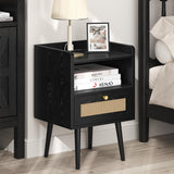 Night stand Set of 2, Bedside Tables with Charging Station, Rattan End Tables, Boho Bed Side Tables, Wood Nightstands set of 2 for Farmhouse Bedroom Living Room Dorm Sofa Couch Office Corner (Black) MECHYIN