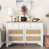 IDEALHOUSE 7 Drawer Dresser for Bedroom, 47.3" Wide Natural Rattan Chest of Drawers, Wood Boho Clothing Storage Organizer, Dresser TV Stand Cabinet for Living Room, White IDEALHOUSE