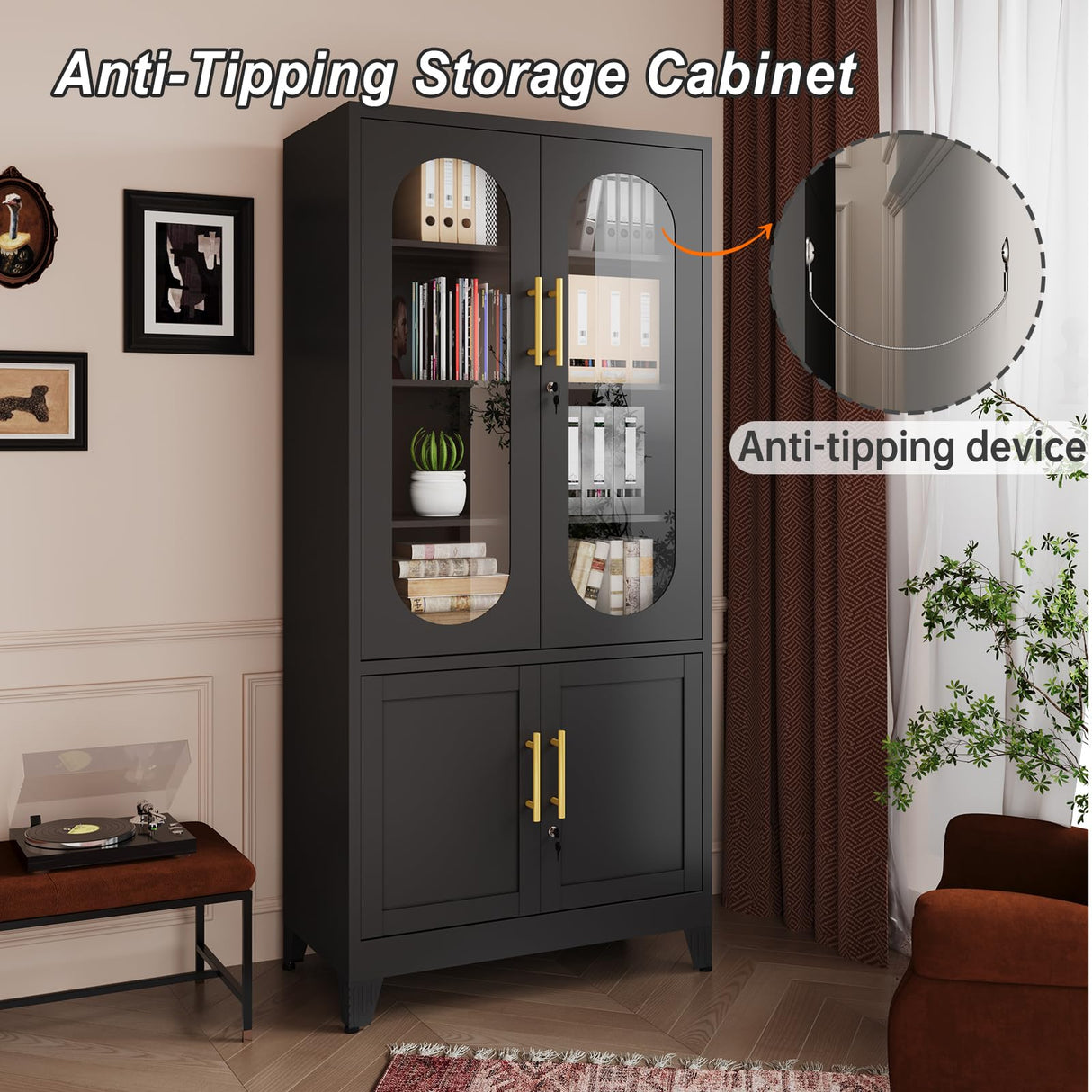 winiowa Metal Storage Cabinet with Adjustable Shelves，Garage Cabinet with 4 Lockable Doors, 71" Tall Kitchen Pantry Cabinets，Steel Locking Cabinets for Kitchen, Garage, Office,Living Room-Black winiowa