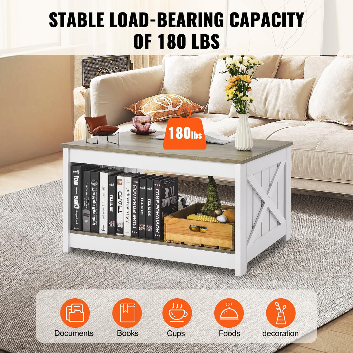 VEVOR 31.5" Farmhouse Coffee Table, Square Coffee Table with Open Storage Compartment, Wooden Rustic Cocktail Table for Living Room, Bedroom, Apartment, Studio, Grey & White VEVOR