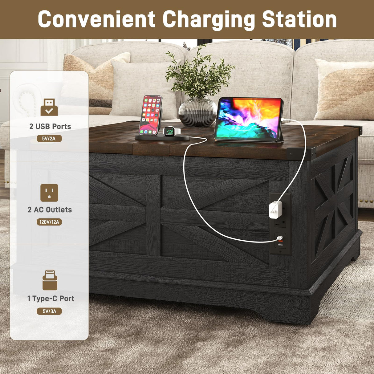 Hlivelood 36" Farmhouse Movable Lift Top Coffee Table with Storage and Power Outlets, Square Wood Living Room Tables with Wheels&Large Hidden Space, Lift Wooden Barn Door Center Table, Black Hlivelood