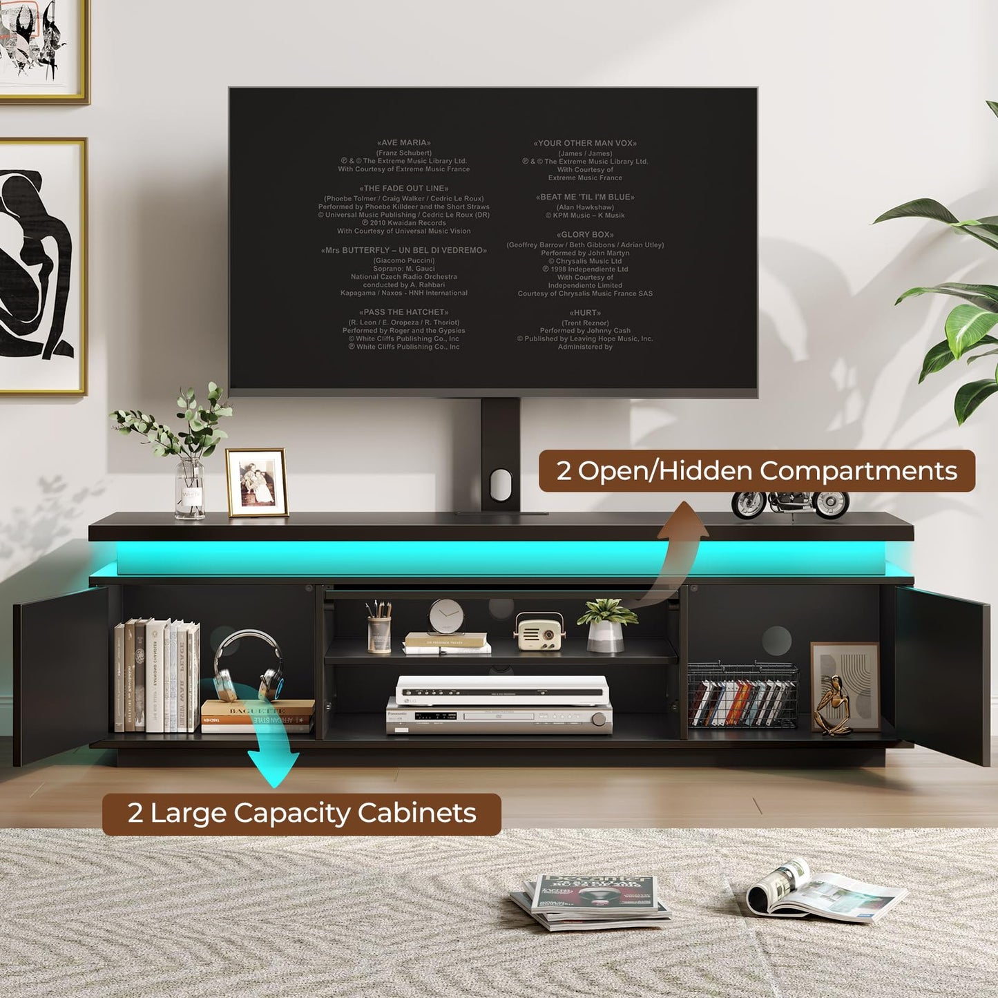 Rolanstar TV Stand with Mount & Power Outlet, 51" TV Stand Mount for 32/45/55/60/65 Inches TVs, Modern Entertainment Center with Storage Cabinet & LED Light, TV Table for Living Room, Bedroom, Black