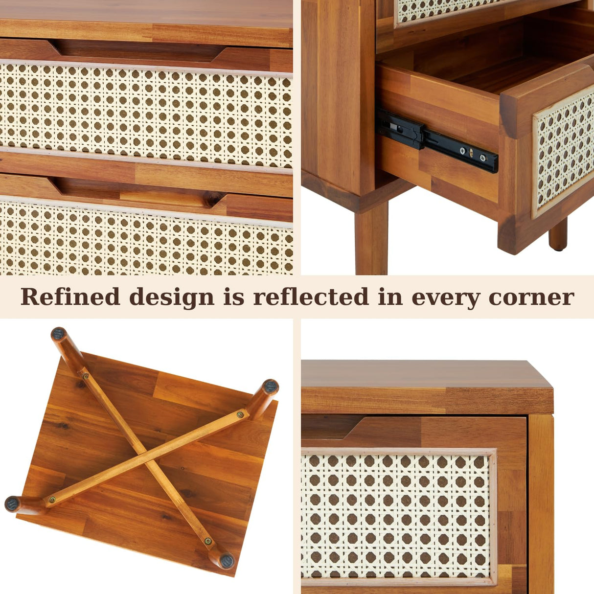 Bme Oliver Solid Wood Rattan Nightstand/Side End Table, Fully Assembled, for Bohemian & Mid Century Style Bedroom and Living Room, 2-Drawer, Caramel Bme