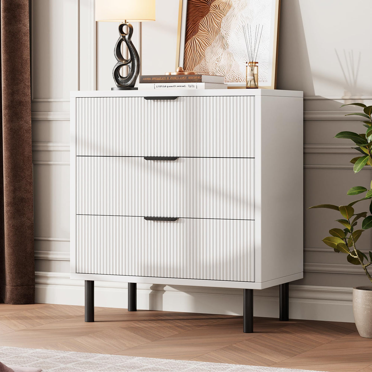 GAOMON White Wave Fluted 3 Drawers Dresser, Wide Wood Chest of Drawers, Modern Storage Dresser Chest of Drawers Organizer with Metal Legs and Anti-Tipping Device for Bedroom Living Room GAOMON