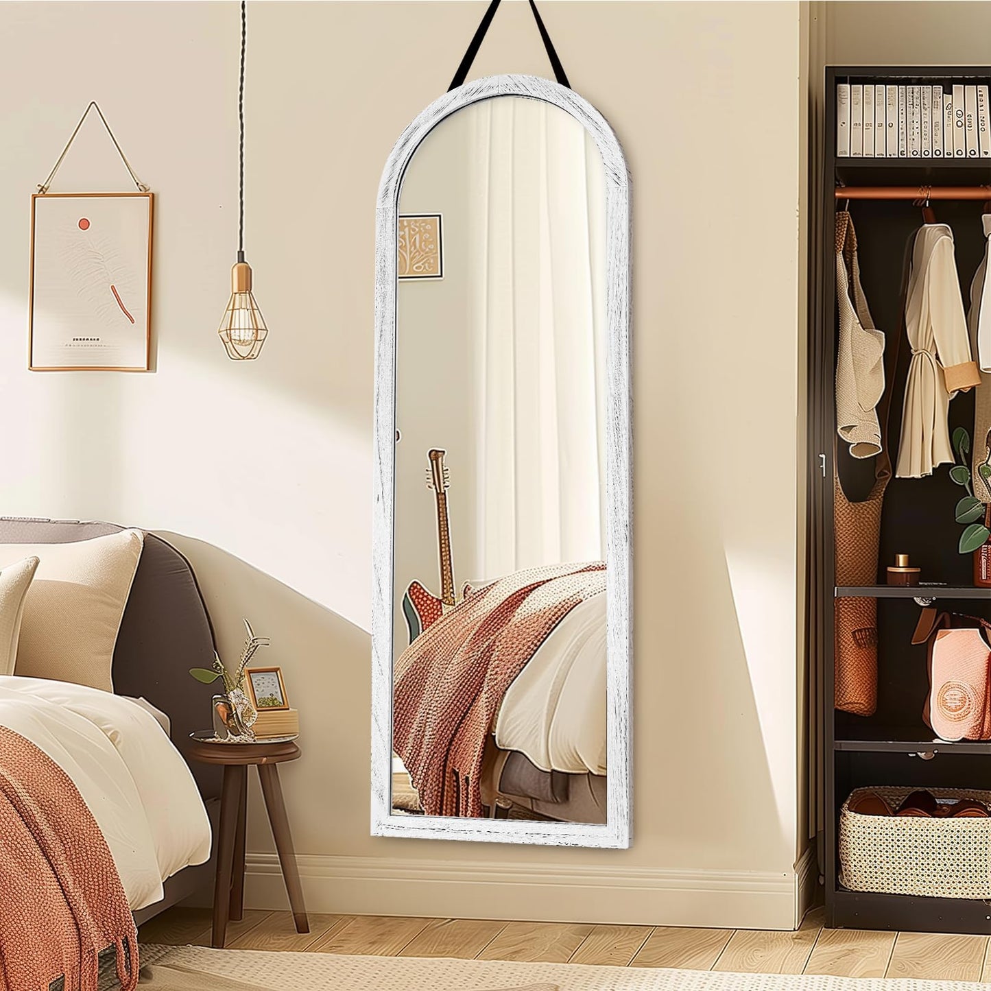 ABSWHLM 16"x48" Arched Full Length Mirror Solid Wood Wall Mirror with Hanging Strap for Living Room Bathroom Bedroom Entryway - White