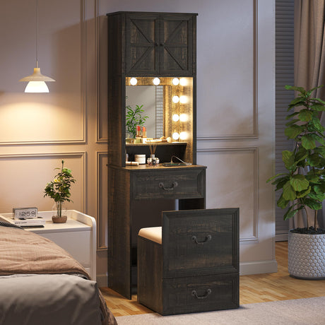 FREDEES Vanity Desk with Mirror and Lights, Compact Makeup Table w/Storage Drawers & Shelves, Farmhouse Vanity Table with Hidden Chair for Bedroom, Gift for Girls Lady, Rustic Brown FREDEES