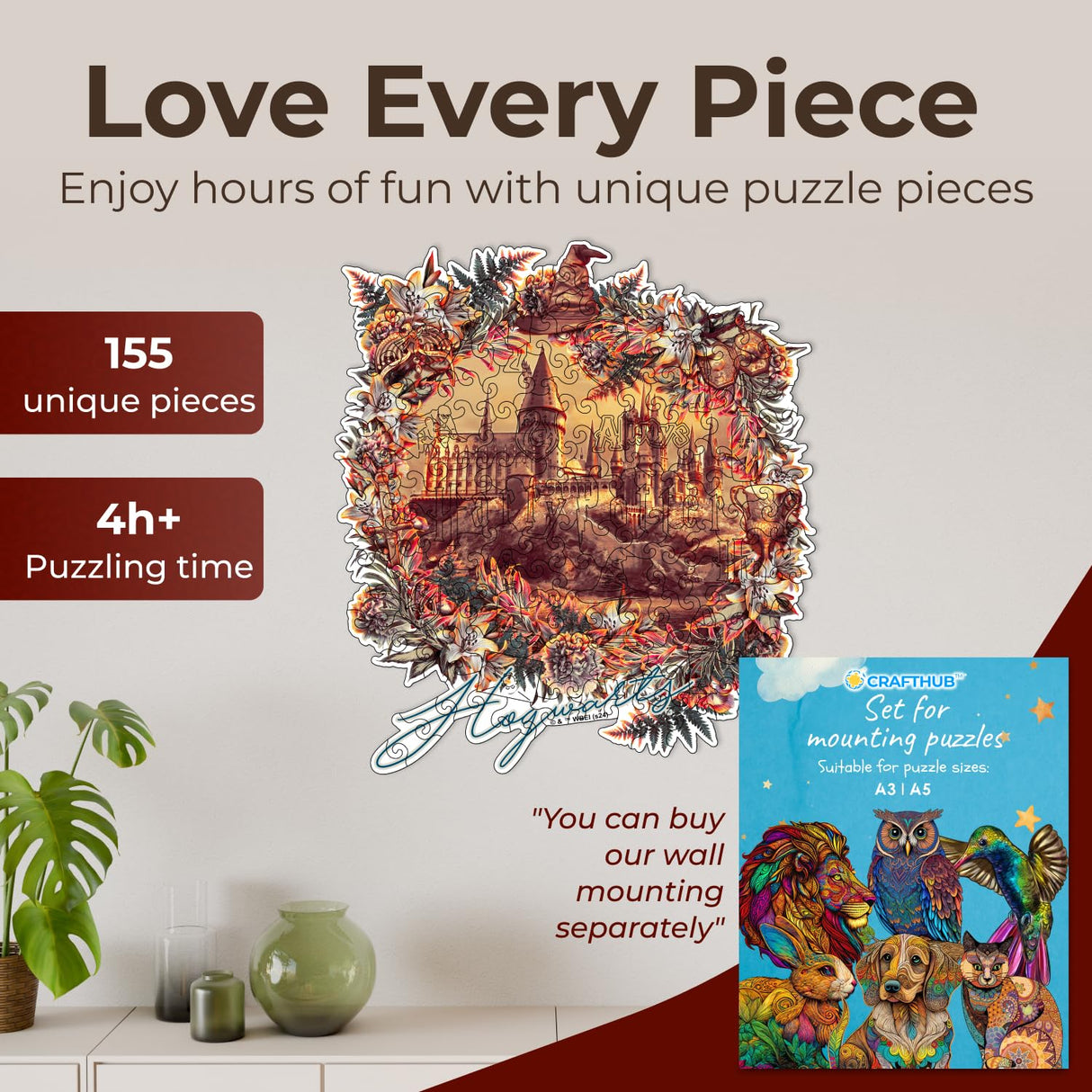 Crafthub Harry Potter Wooden Puzzles for Adults – A3 Size with 155 Pieces Wood Puzzles – Hogwarts Castle – Jigsaw Puzzles with Unique Shapes – 10.8" x 11.9" CRAFTHUB