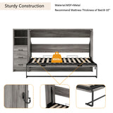 Twin Horizontal Murphy Bed with Storage & LED Lighting,Wood Space-Saving Hideaway Folding Farmhouse Murphy Wall Bed Cabinet for Adults (Grey,Twin w/Storage) MERITLINE