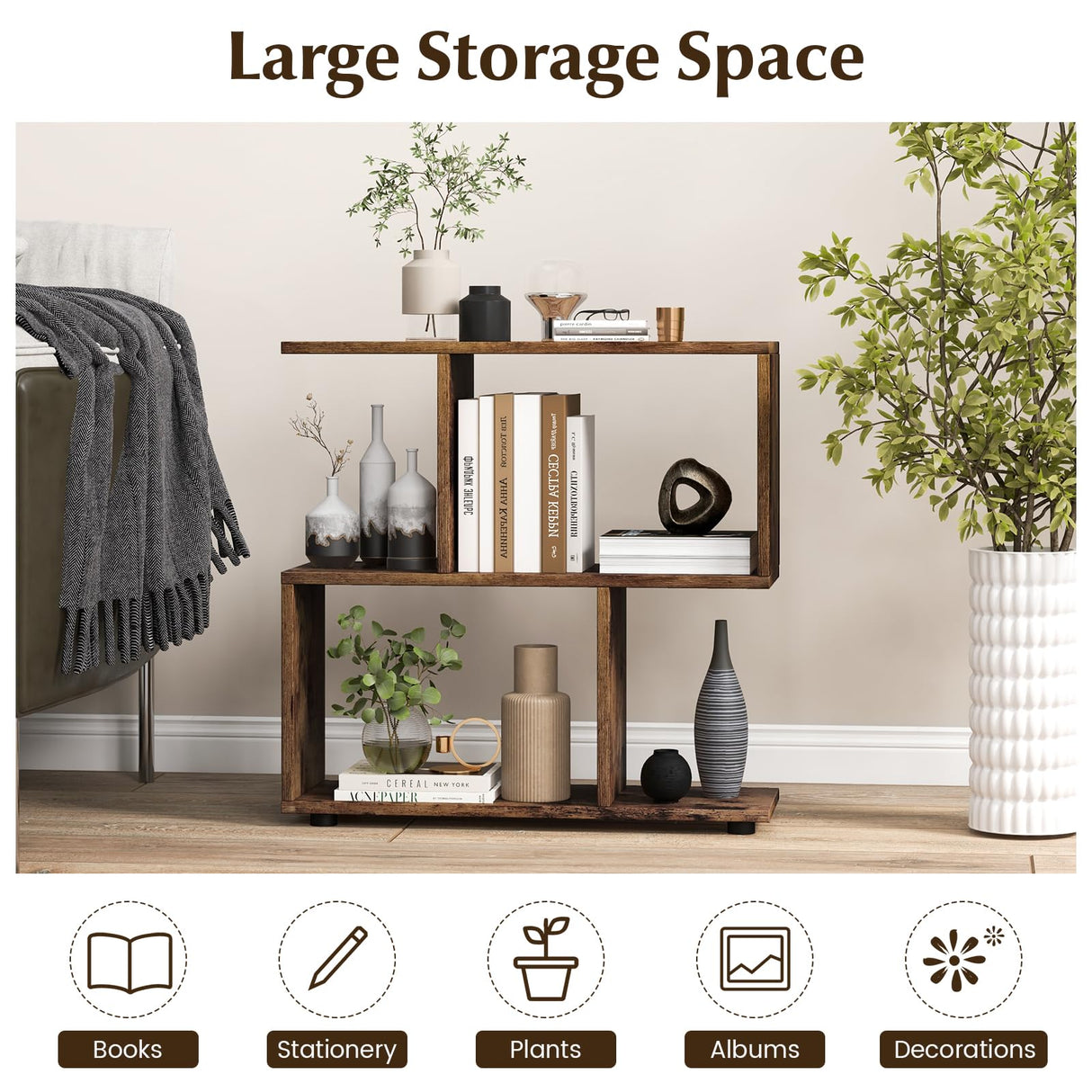 Giantex 3-Tier Geometric Bookshelf, 24" Tall Wood S-Shaped Display Shelves with Thick Foot Pads, Freestanding Open Shelves Nightstand, Floor Standing Display Shelf Bookcase, Brown Giantex