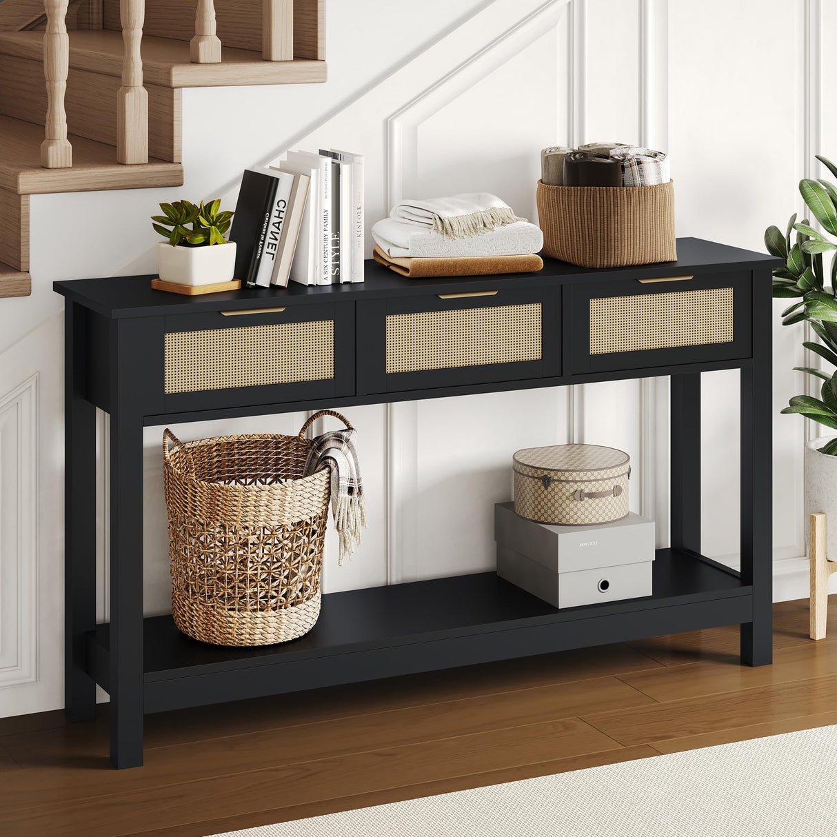 Luoxiao Rattan Console Table, Boho Entryway Table, Narrow Long Sofa Table, Hallway Foyer Table, Behind Couch Table with 3 Drawers and Open Storage Shelf for Living Room and Corridor, Black Luoxiao