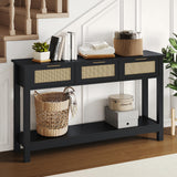Luoxiao Rattan Console Table, Boho Entryway Table, Narrow Long Sofa Table, Hallway Foyer Table, Behind Couch Table with 3 Drawers and Open Storage Shelf for Living Room and Corridor, Black Luoxiao