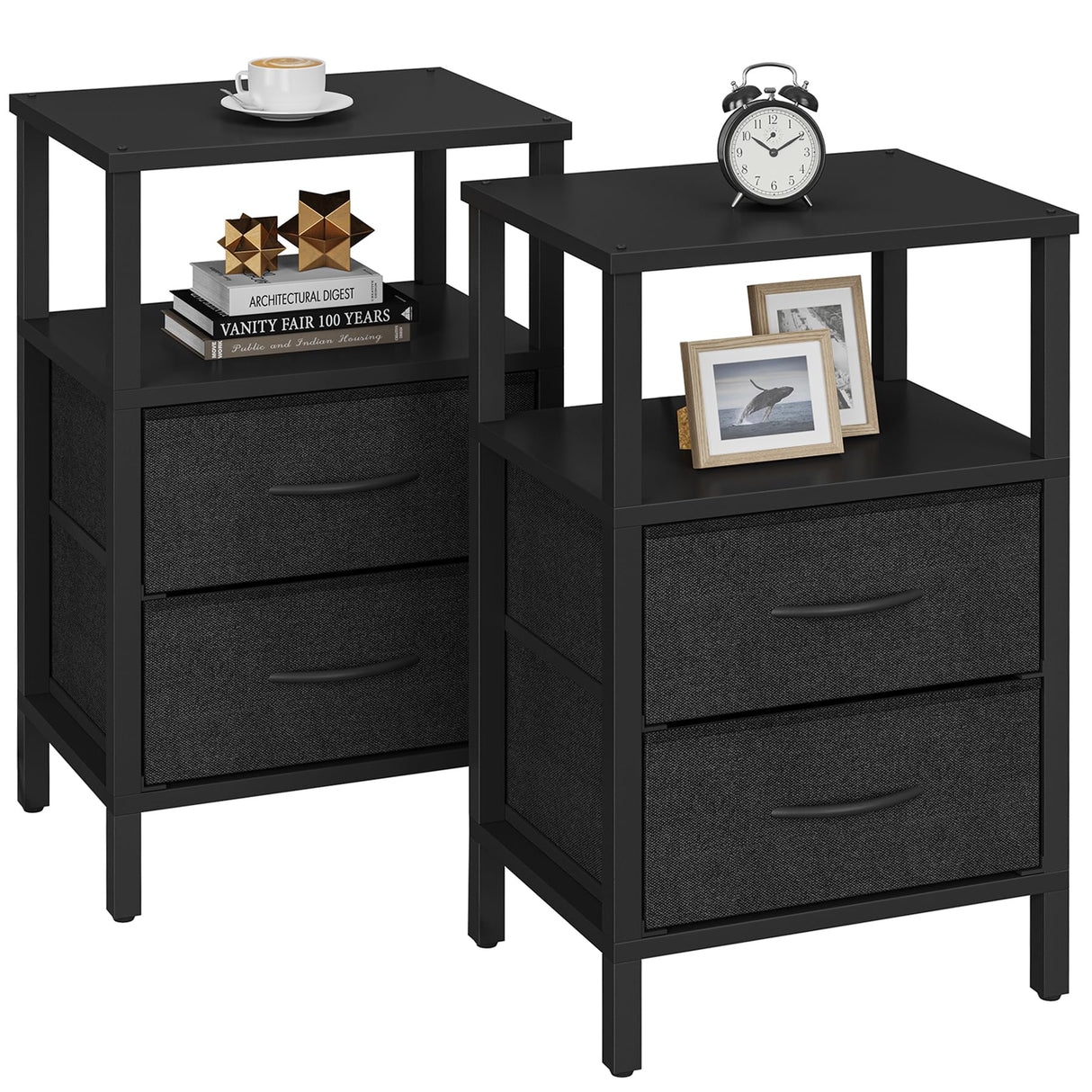 TUTOTAK End Table, Couch Side Table, Nightstand with Cloth Drawer, Set of 2, Bedside Table, Black TB01BK066 TUTOTAK