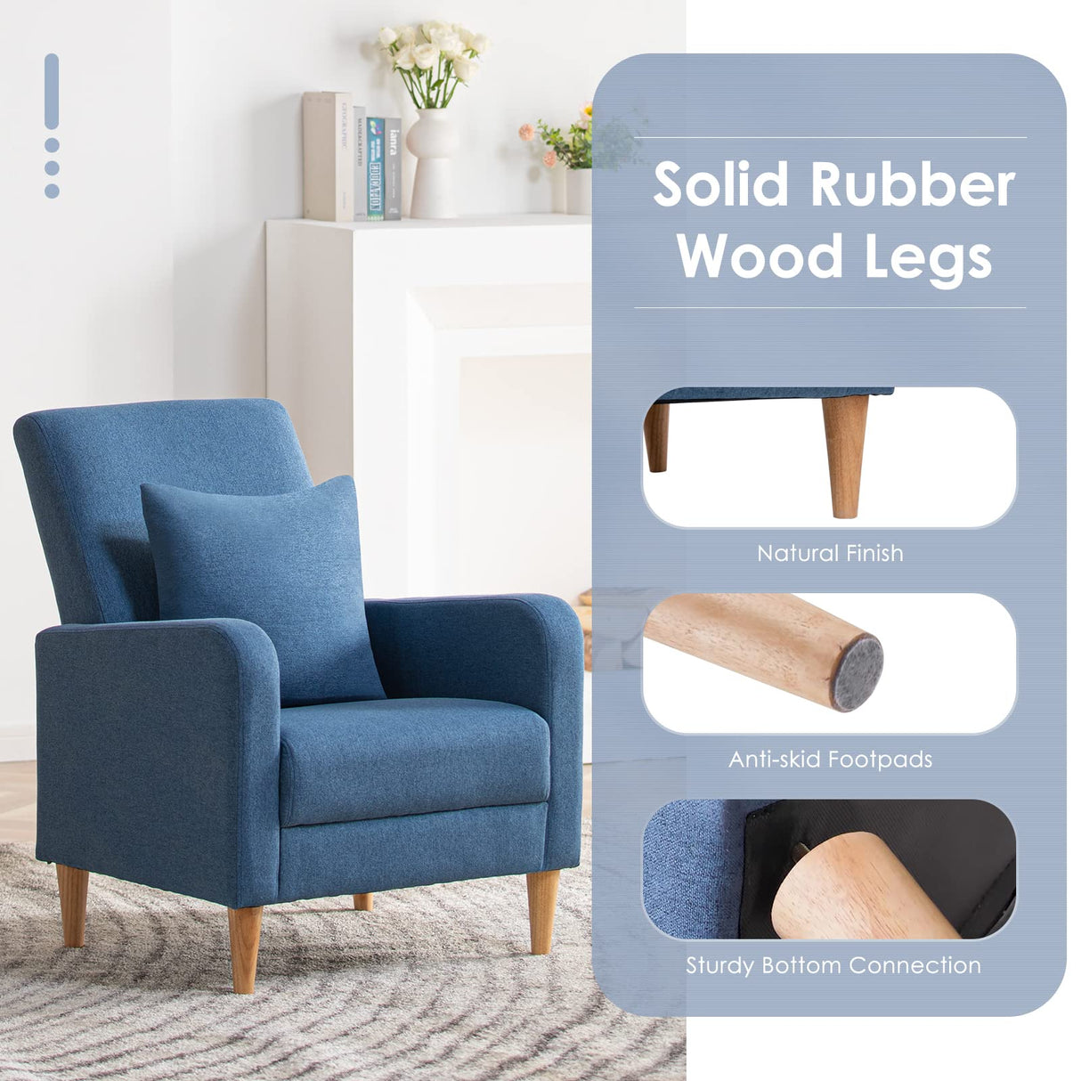 COLAMY Modern Upholstered Accent Chair Armchair with Pillow, Fabric Reading Living Room Side Chair,Single Sofa with Lounge Seat and Wood Legs, Blue COLAMY