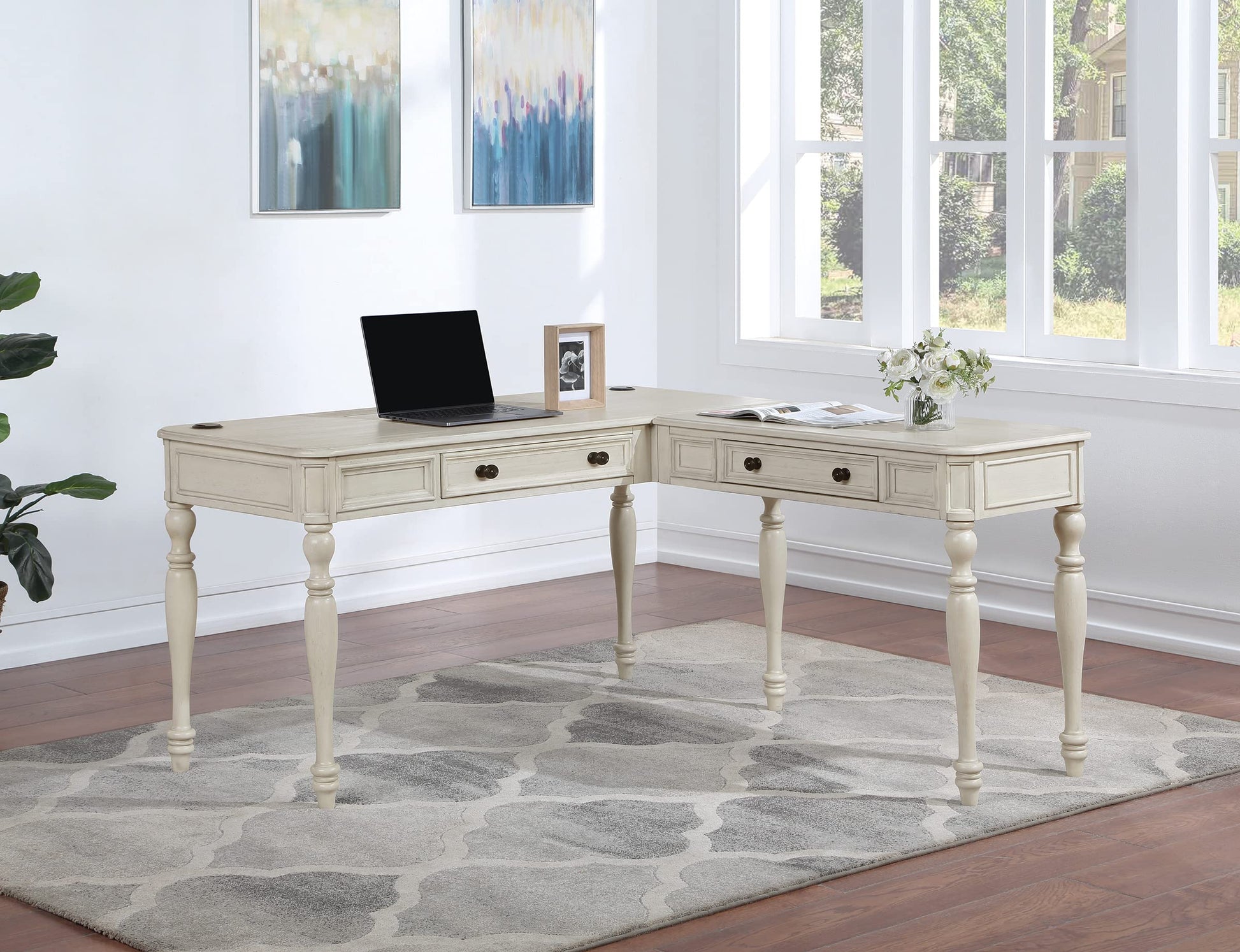 OSP Home Furnishings Country Meadows L-Shape Desk with 2 Full Drawers and Power Hub, Antique White - WoodArtSupply